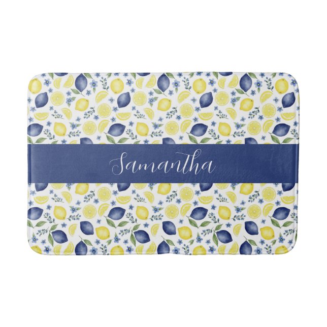 Tapete De Banheiro Blue French Country Lemon Pattern Monogram Name (Frente)