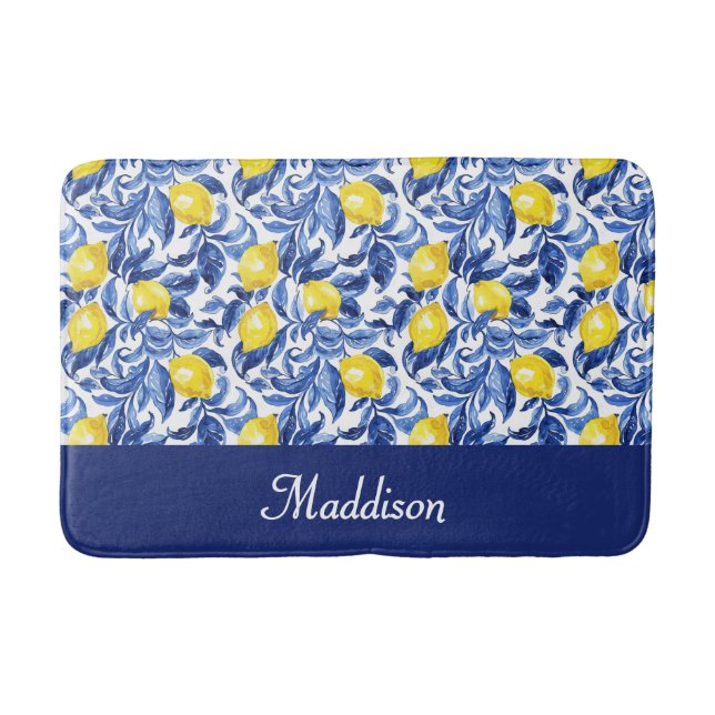 Tapete De Banheiro Blue French Country Lemon Pattern Monogram Name (Frente)