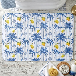 Tapete De Banheiro Blue Toile Palm Trees Lemons 
