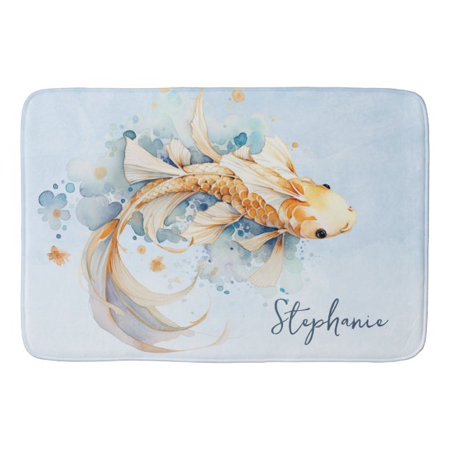 Tapete De Banheiro Blue Watercolor Dourado Peixe Koi Personalizado (Frente)