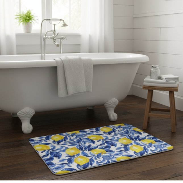 Tapete De Banheiro Blue Watercolor Lemon Pattern  (Criador carregado)