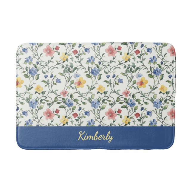 Tapete De Banheiro Blue Yellow Watercolor Wildflower Monogram Name (Frente)