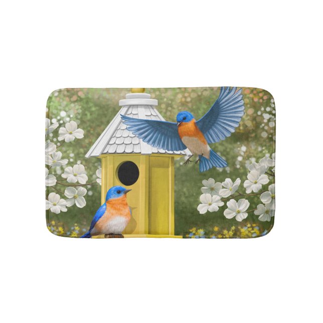 Tapete De Banheiro Bluebird e Hexagon Birdhouse Blue (frente)