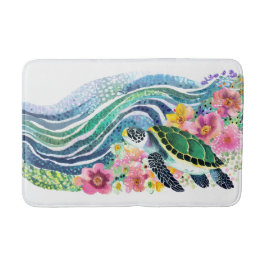 Tapete De Banheiro Bohemian Blue Waves Happy Turtle Watercolor