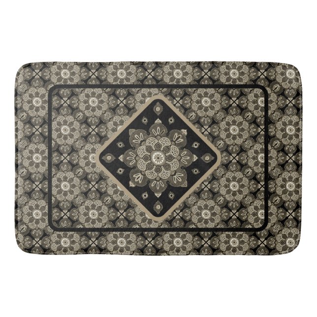 Tapete De Banheiro Boho Bathmat Sepia e BlackMedallions em preto (Frente)