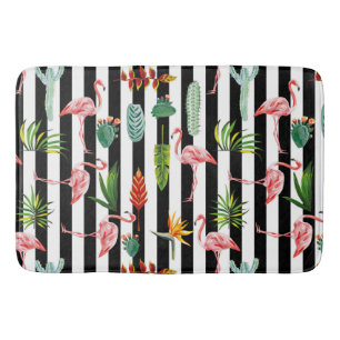 Tapete De Banheiro Bonito faixas brancas pretas com Flamingo Cactus