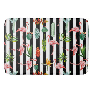 Tapete De Banheiro Bonito faixas brancas pretas com Flamingo Cactus