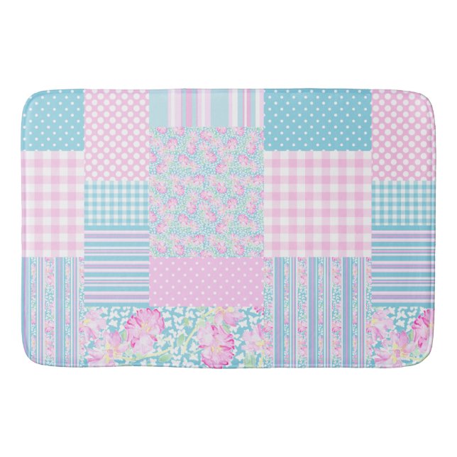 Tapete De Banheiro Bonito rosa Rosas Faux Patchwork Bath Mat (Frente)