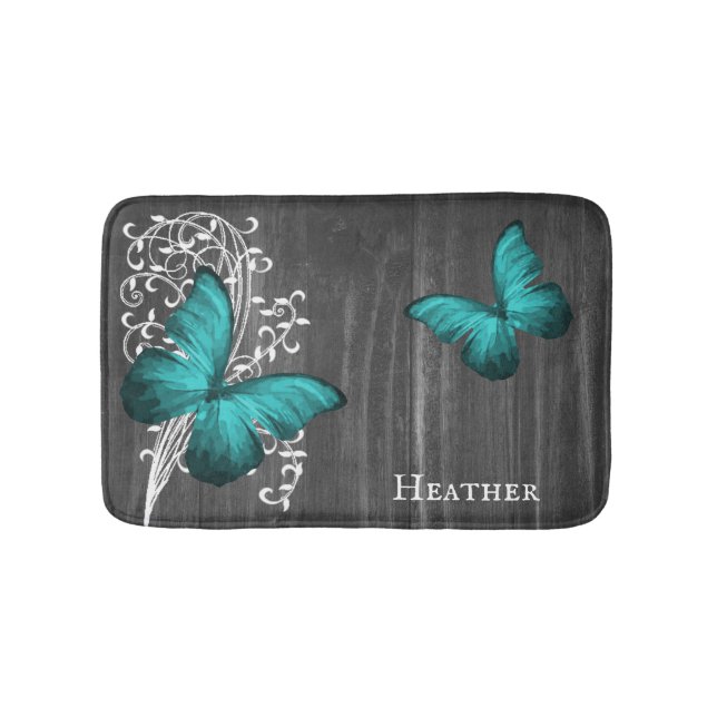 Tapete De Banheiro Borboleta Rústica Teal Personalizada Bath Mat (frente)