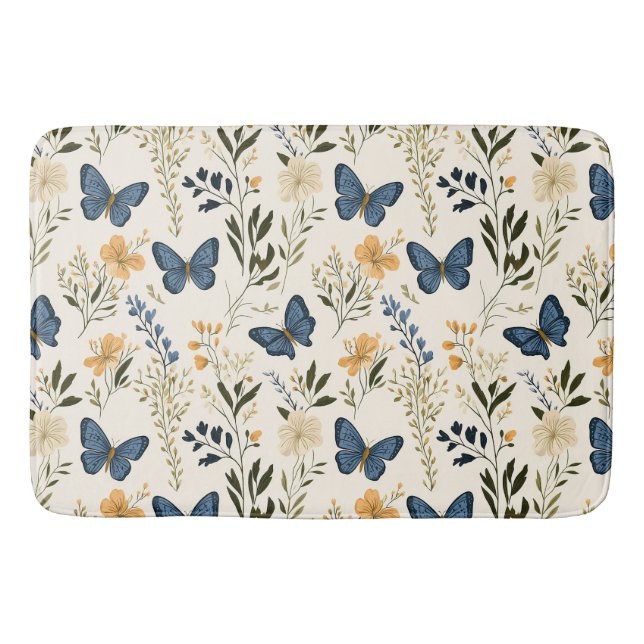 Tapete De Banheiro Borboletas azuis de algodão e verde (Frente)