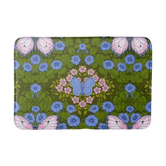 Tapete De Banheiro Borboletas e flores simetria, azul e rosa (Frente)