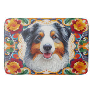 Tapete De Banheiro Borda corajosa floral do cão pastor australiano