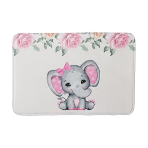Tapete De Banheiro Borda de Rosas e Elefante-Bebê-Rosa-Gelado