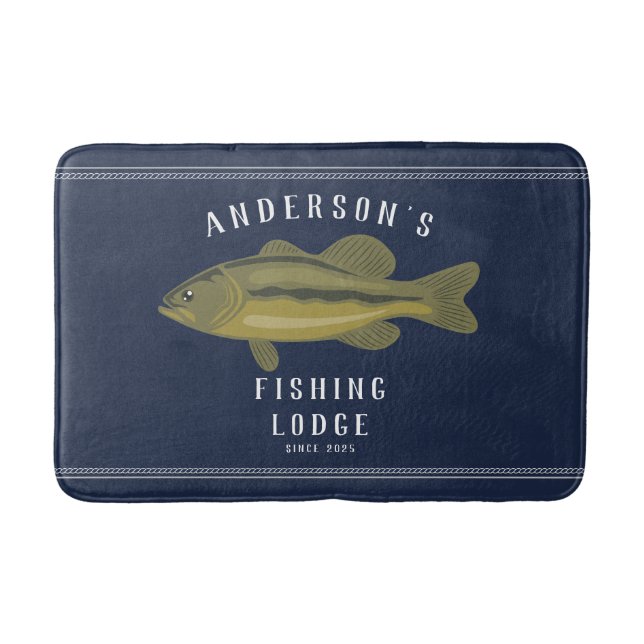 Tapete De Banheiro Bordo de Pesca em Azul, Bass e Família (Frente)