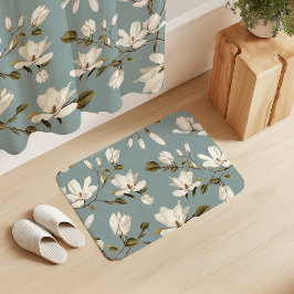 Tapete De Banheiro Bosque de Magnólia Branca em Floral Azul Elegante
