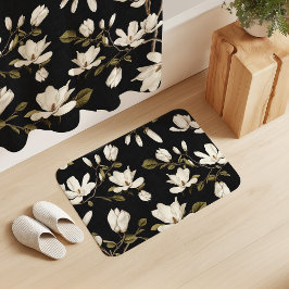 Tapete De Banheiro Bosque de Magnólia Branca em Floral Elegante Preto