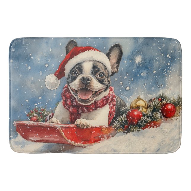 Tapete De Banheiro Boston Terrier Dog Sledge Deixe-o nevar no Natal (Frente)