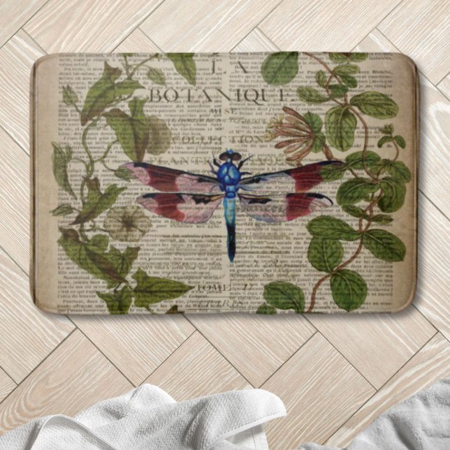 Tapete De Banheiro botânica francesa deixa libélula antiga moderna (french botanical leaves modern vintage dragonfly bath mat)