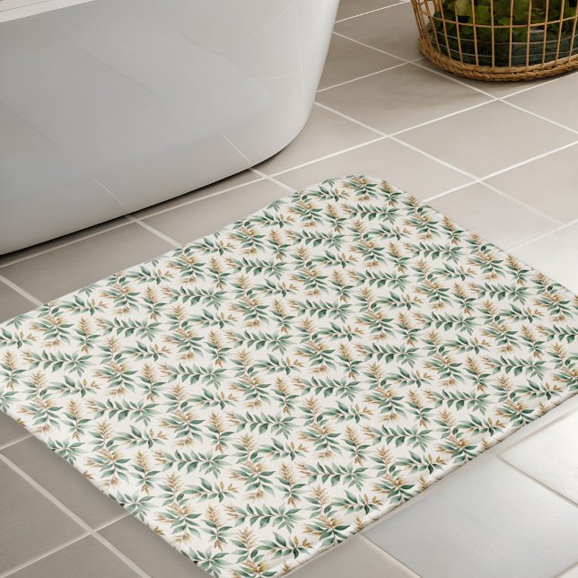 Tapete De Banheiro Botanical Foliage Green Golden Leaf Pattern (A stylish bath mat in green, cream and rust, with botanical foliage pattern)