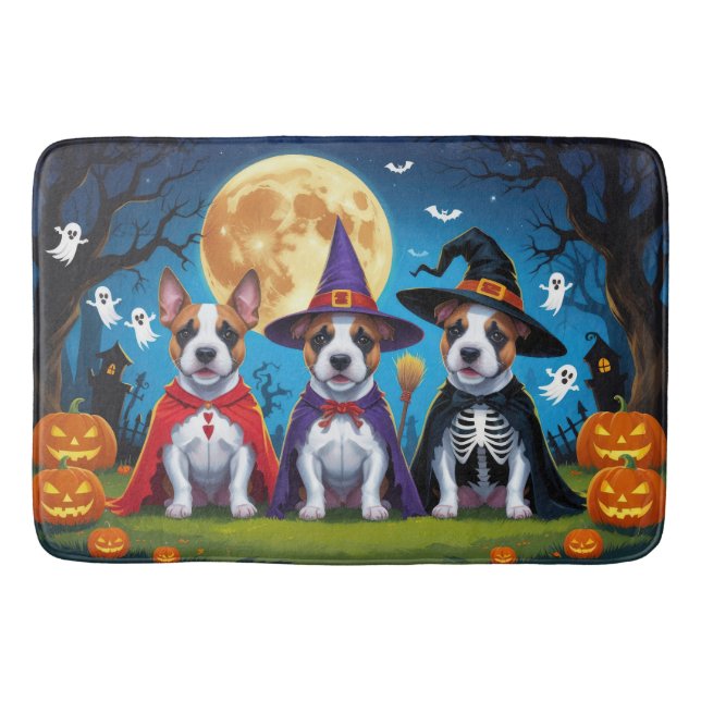 Tapete De Banheiro Bull Terrier Cachorros Pumpkin Halloween Engraçado (Frente)