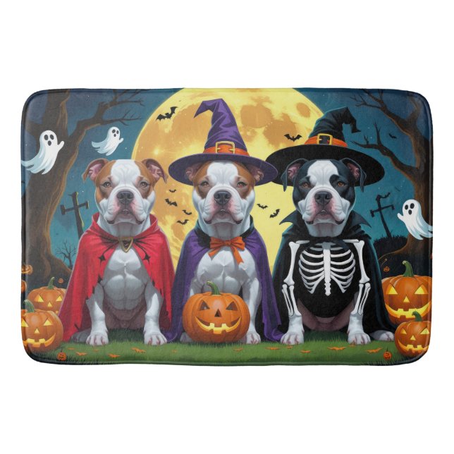 Tapete De Banheiro Cachorros Pitbull Pumpkin Halloween Engraçado (Frente)