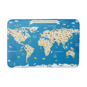 Tapete De Banheiro Caçoa o mapa do mundo com animais