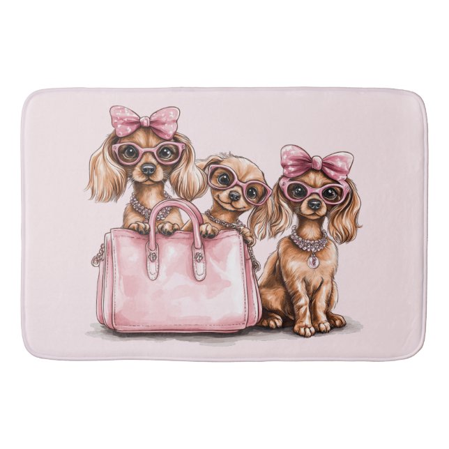 Tapete De Banheiro Cães de Dachshund Fashionáveis, Bolsa Rosa (Frente)