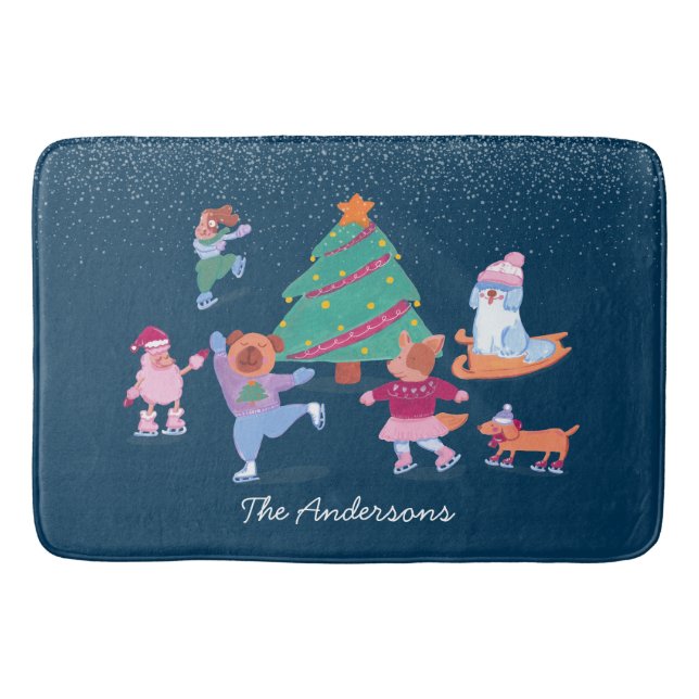Tapete De Banheiro Cães Festivos Ice Patinação Escura Escuro Natal (Frente)