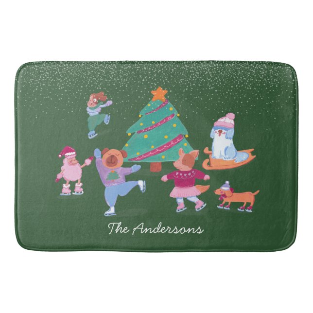 Tapete De Banheiro Cães Festivos Ice Skating Green Christmas (Frente)