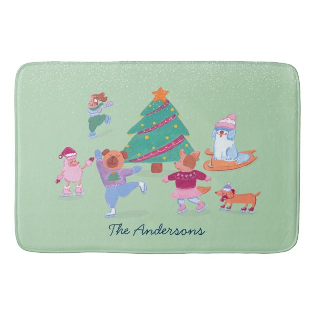 Tapete De Banheiro Cães Festivos Ice Skating Light Christmas (Frente)