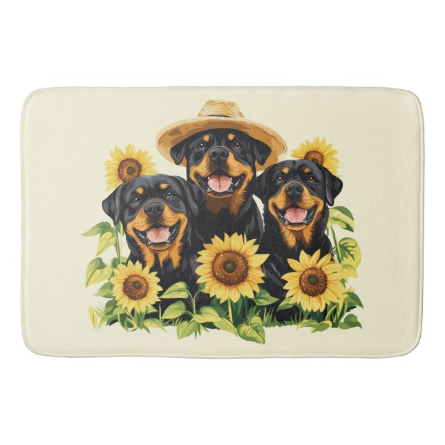 Tapete De Banheiro Cães Rottweiler Cercados Por Girassóis (Frente)