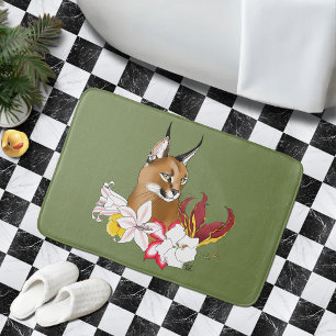 Tapete De Banheiro Caracal Elegante Gato Selvagem Lírios Floral Verde