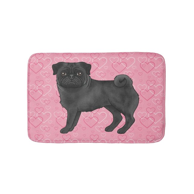 Tapete De Banheiro Cartoon Black Pug Dog Mops Pink Love Heart Pattern (frente)