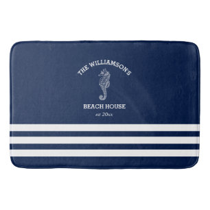 Tapete De Banheiro Casa de Praia com Listras Azul Marinho e Branco   