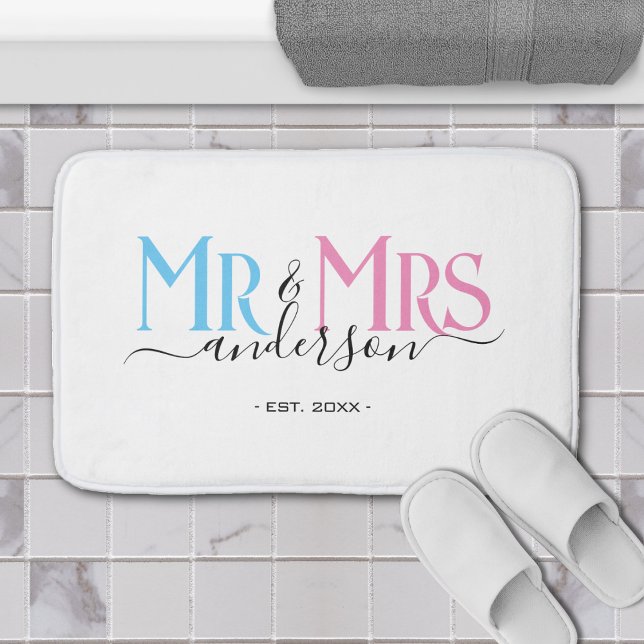 Tapete De Banheiro Casal Recém-Casado Aniversário de Casamento Branco (pink and blue mr and mrs wedding anniversary bathroom decoration white bathmat)