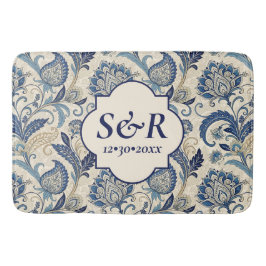 Tapete De Banheiro Casamento Floral de Damasco Azul e Creme Monograma
