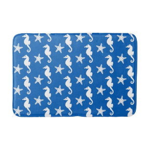 Tapete De Banheiro Cavalo-da-costa e estrelas-do-mar - branco em azul