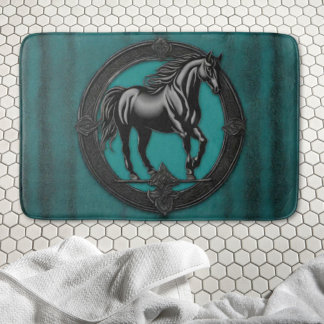 Tapete De Banheiro Cavalo Negro Teal Equestre do País Ocidental