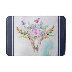 Tapete De Banheiro Caveira Animal Boho com Borboletas e Flores