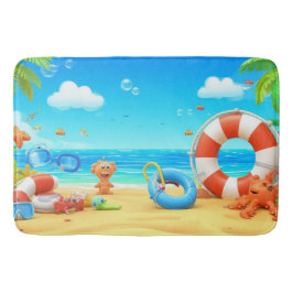 Tapete De Banheiro Cena Colorida de Praia Tropical de Desenho Animado