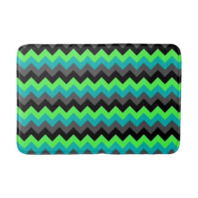 Tapete De Banheiro Chevrons Verdes Pretos Pastilhas Média Bath Mat (Frente)