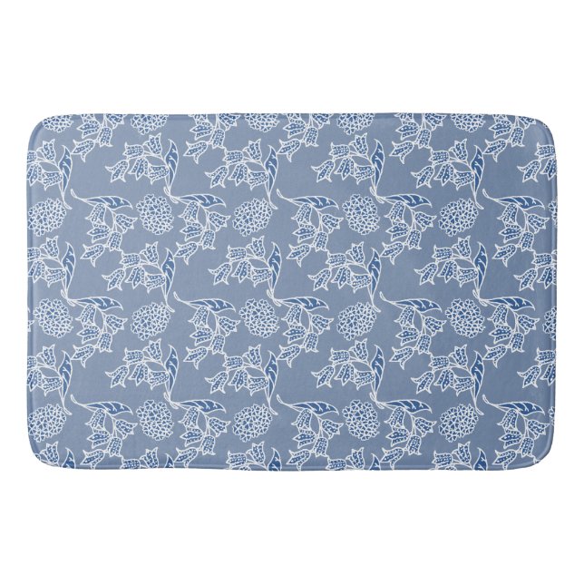 Tapete De Banheiro Chic Indigo Blue Ethnic Floral Mat (Frente)