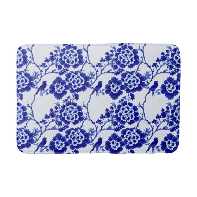 Tapete De Banheiro Chinoiserie Blue e White Bird Floral Hampton (Frente)