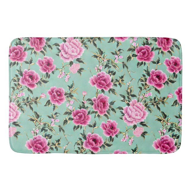 Tapete De Banheiro Chinoiserie Floral Rosa e Verde (Frente)