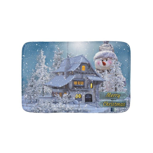 Tapete De Banheiro Christmas Party Winter White Snowman Blue Rustic (frente)