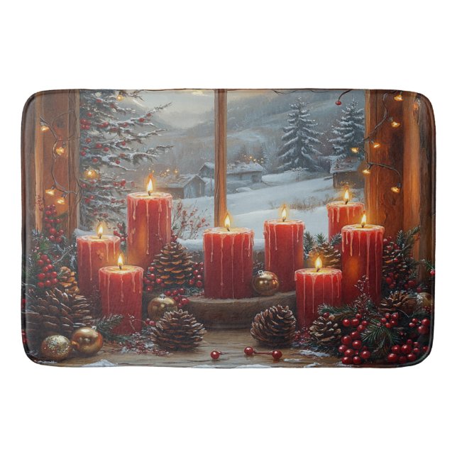 Tapete De Banheiro Christmas Red Candles Pine Cones Winter View  (Frente)