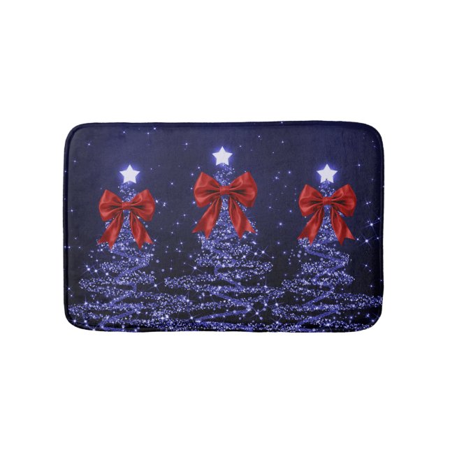 Tapete De Banheiro Christmas Sparkling Trees Navy Blue Faux Red Bow  (frente)
