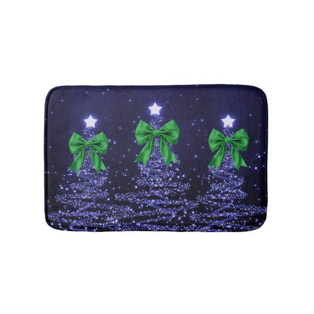 Tapete De Banheiro Christmas Sparkling Trees Navy Blue Green Bow  (frente)