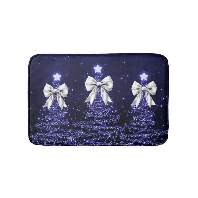 Tapete De Banheiro Christmas Sparkling Trees Navy Faux Silver Bow  (frente)