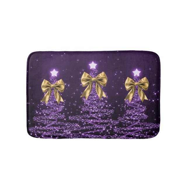 Tapete De Banheiro Christmas Sparkling Trees Purple Faux Gold Bow  (frente)
